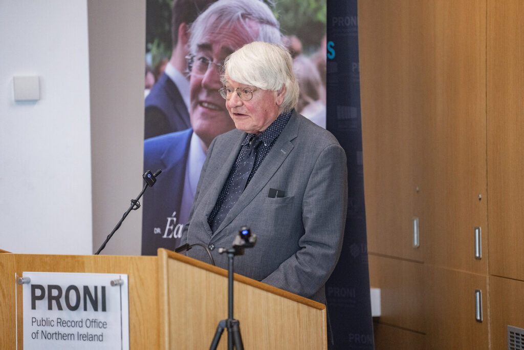 Image of Martin Mansergh speaking at the Public Record Office in Belfast in 2024