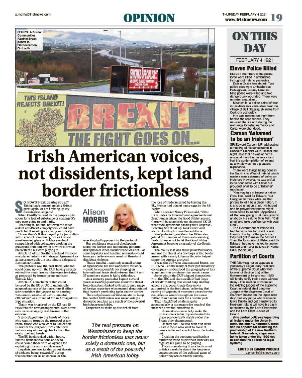 Thumbnail of PDF of Irish News page containing the Eamon Phoenix On This Day column dated 04.02.2021, detailing events reported on 04.02.1921