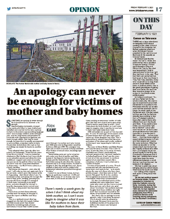 Thumbnail of PDF of Irish News page containing the Eamon Phoenix On This Day column dated 05.02.2021, detailing events reported on 05.02.1921