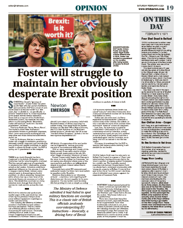 Thumbnail of PDF of Irish News page containing the Eamon Phoenix On This Day column dated 06.02.2021, detailing events reported on 06.02.1921