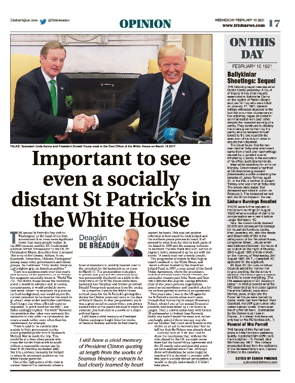 Thumbnail of PDF of Irish News page containing the Eamon Phoenix On This Day column dated 10th February 2021, detailing events reported on 10th February 1921