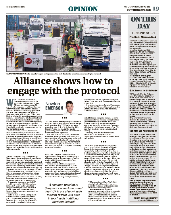 Thumbnail of PDF of Irish News page containing the Eamon Phoenix On This Day column dated 13th February 2021, detailing events reported on 13th February 1971