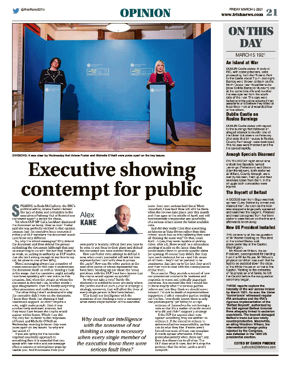 Thumbnail of PDF of Irish News page containing the Eamon Phoenix On This Day column dated 5th March 2021, detailing events reported on 5th March 1921