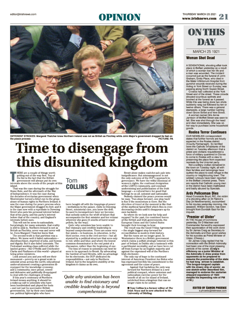 Thumbnail of PDF of Irish News page containing the Eamon Phoenix On This Day column dated 25th March 2021, detailing events reported on 25th March 1921