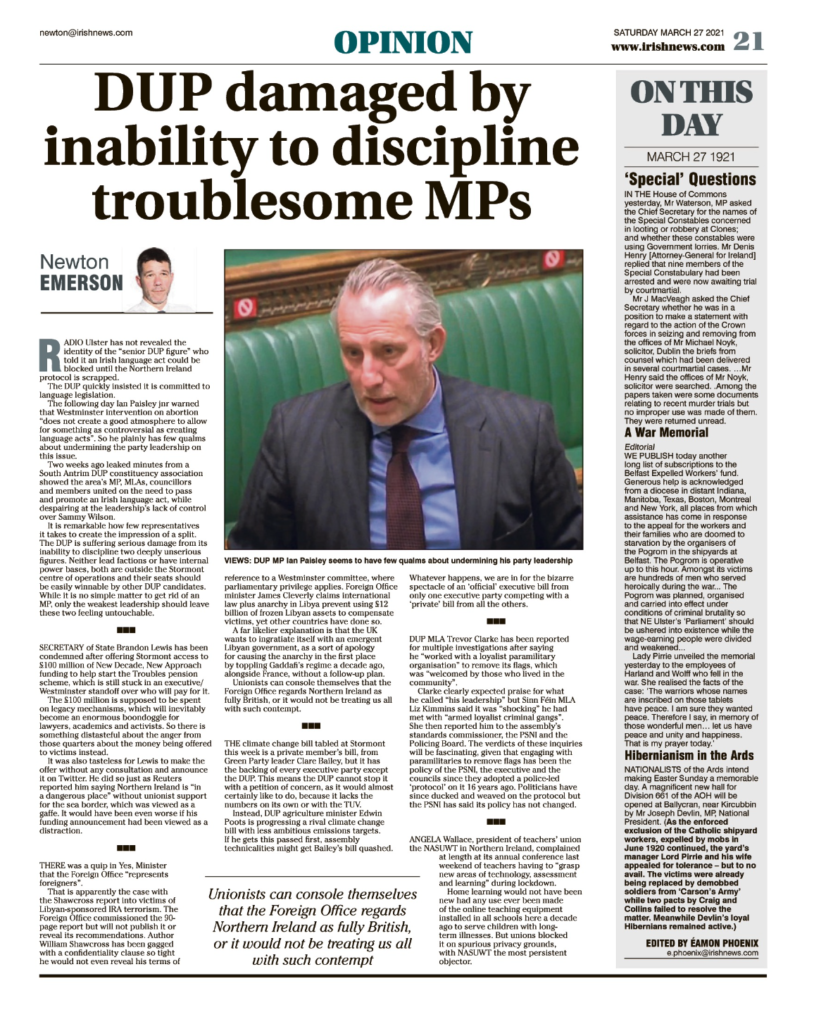 Thumbnail of PDF of Irish News page containing the Eamon Phoenix On This Day column dated 27th March 2021, detailing events reported on 27th March 1921