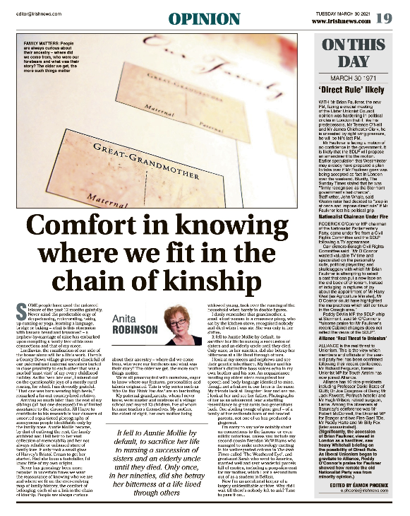 Thumbnail of PDF of Irish News page containing the Eamon Phoenix On This Day column dated 30th March 2021, detailing events reported on 30th March 1971