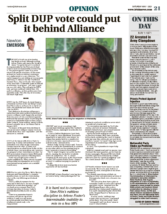 Thumbnail of PDF of Irish News page containing the Eamon Phoenix On This Day column dated 4th May 2021, detailing events reported on 4th May1971