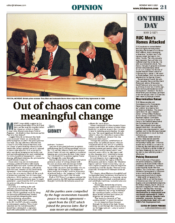 Thumbnail of PDF of Irish News page containing the Eamon Phoenix On This Day column dated 3rd May 2021, detailing events reported on 3rd May 1971