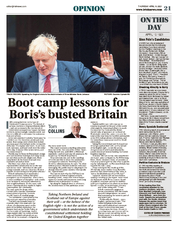 Thumbnail of PDF of Irish News page containing the Eamon Phoenix On This Day column dated 15th April 2021, detailing events reported on 15th April 1921