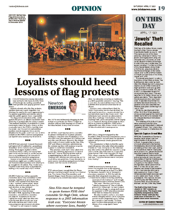 Thumbnail of PDF of Irish News page containing the Eamon Phoenix On This Day column dated 17th April 2021, detailing events reported on 17th April 1921