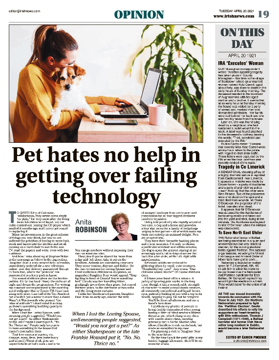 Thumbnail of PDF of Irish News page containing the Eamon Phoenix On This Day column dated 20th April 2021, detailing events reported on 20th April 1921