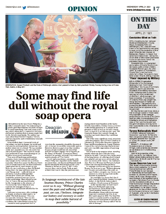 Thumbnail of PDF of Irish News page containing the Eamon Phoenix On This Day column dated 21st April 2021, detailing events reported on 21st April 1921