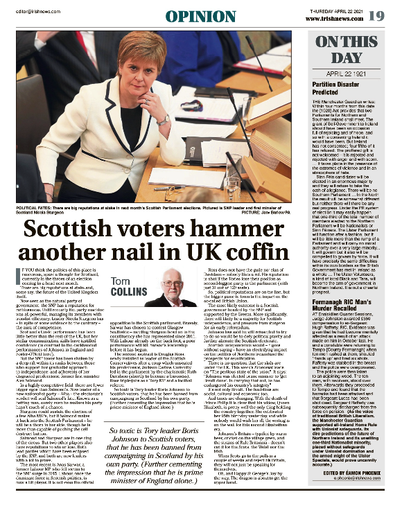 Thumbnail of PDF of Irish News page containing the Eamon Phoenix On This Day column dated 22nd April 2021, detailing events reported on 22nd April 1921