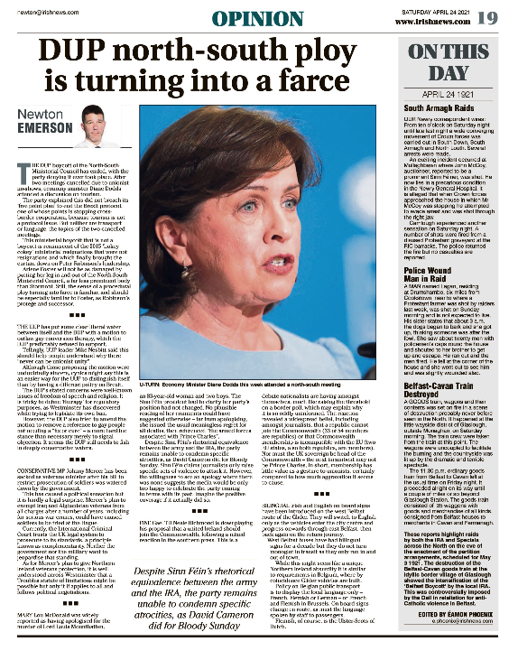 Thumbnail of PDF of Irish News page containing the Eamon Phoenix On This Day column dated 24th April 2021, detailing events reported on 24th April 1921