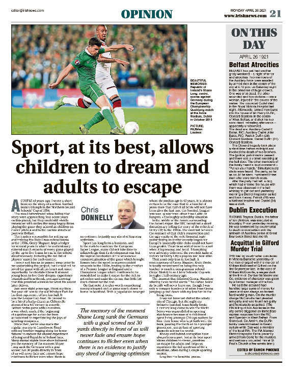 Thumbnail of PDF of Irish News page containing the Eamon Phoenix On This Day column dated 26th April 2021, detailing events reported on 26th April 1921