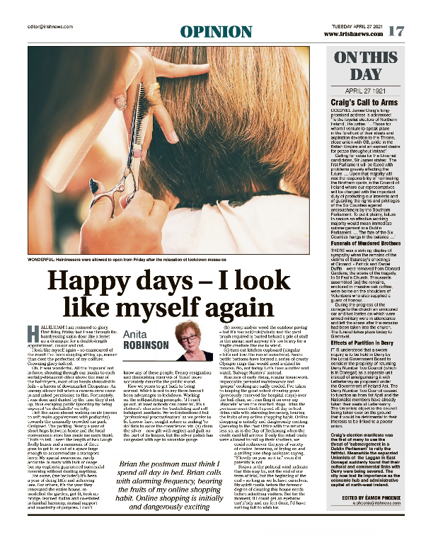 Thumbnail of PDF of Irish News page containing the Eamon Phoenix On This Day column dated 27th April 2021, detailing events reported on 27th April 1921