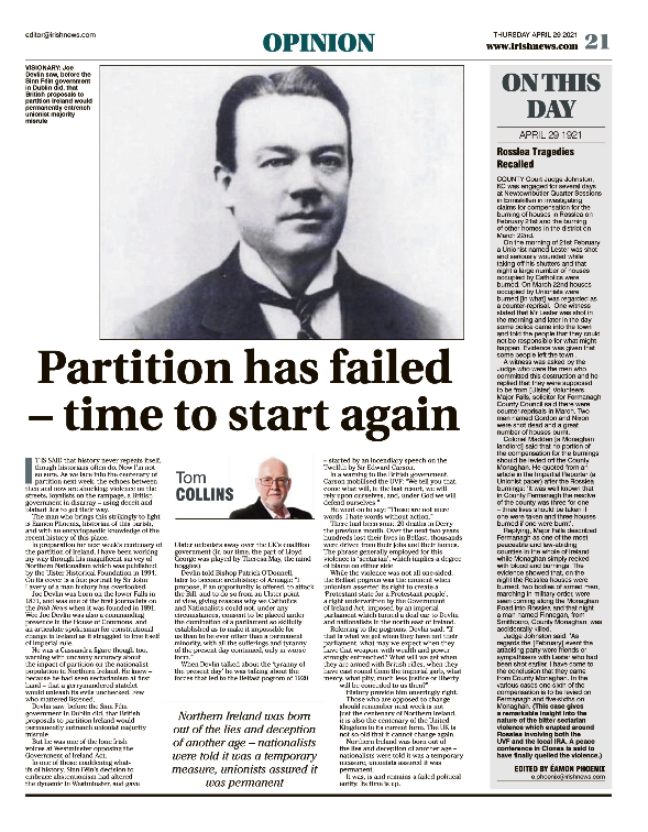 Thumbnail of PDF of Irish News page containing the Eamon Phoenix On This Day column dated 29th April 2021, detailing events reported on 29th April 1921