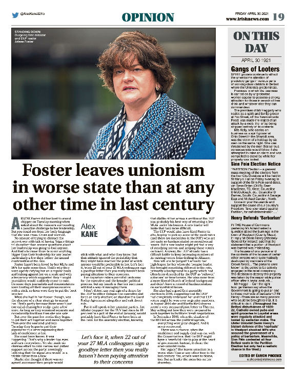 Thumbnail of PDF of Irish News page containing the Eamon Phoenix On This Day column dated 30th April 2021, detailing events reported on 30th April 1921