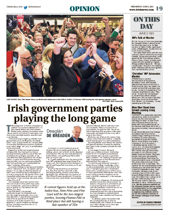 Thumbnail of PDF of Irish News page containing the Eamon Phoenix On This Day column dated 2nd June 2021, detailing events reported on 2nd June 1921