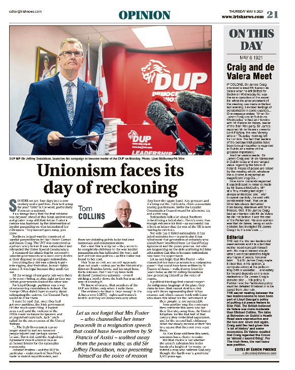 Thumbnail of PDF of Irish News page containing the Eamon Phoenix On This Day column dated 6th May 2021, detailing events reported on 6th May 1921