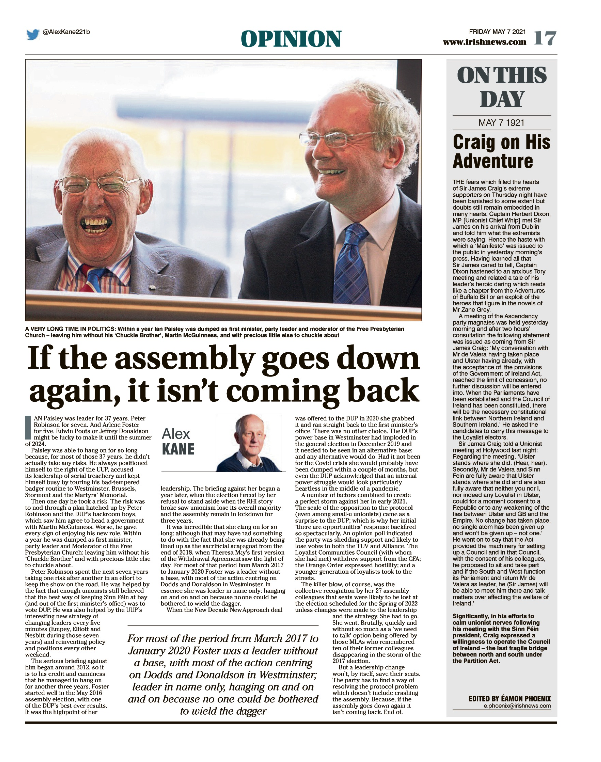 Thumbnail of PDF of Irish News page containing the Eamon Phoenix On This Day column dated 7th May 2021, detailing events reported on 7th May 1921