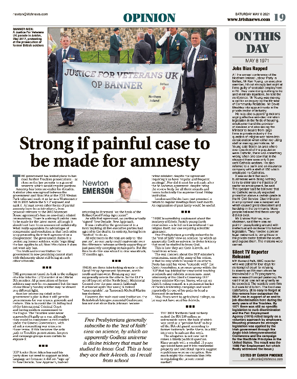 Thumbnail of PDF of Irish News page containing the Eamon Phoenix On This Day column dated 8th May 2021, detailing events reported on 8th May 1971