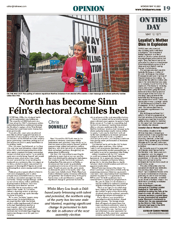 Thumbnail of PDF of Irish News page containing the Eamon Phoenix On This Day column dated 10th May 2021, detailing events reported on 10th May 1971