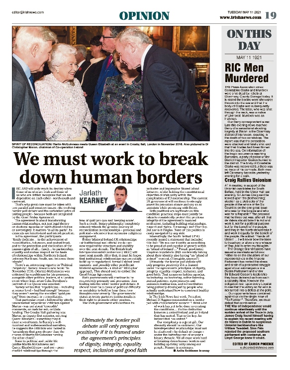 Thumbnail of PDF of Irish News page containing the Eamon Phoenix On This Day column dated 11th May 2021, detailing events reported on 11th May 1921