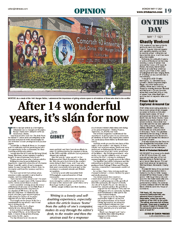 Thumbnail of PDF of Irish News page containing the Eamon Phoenix On This Day column dated 17th May 2021, detailing events reported on 17th May 1921