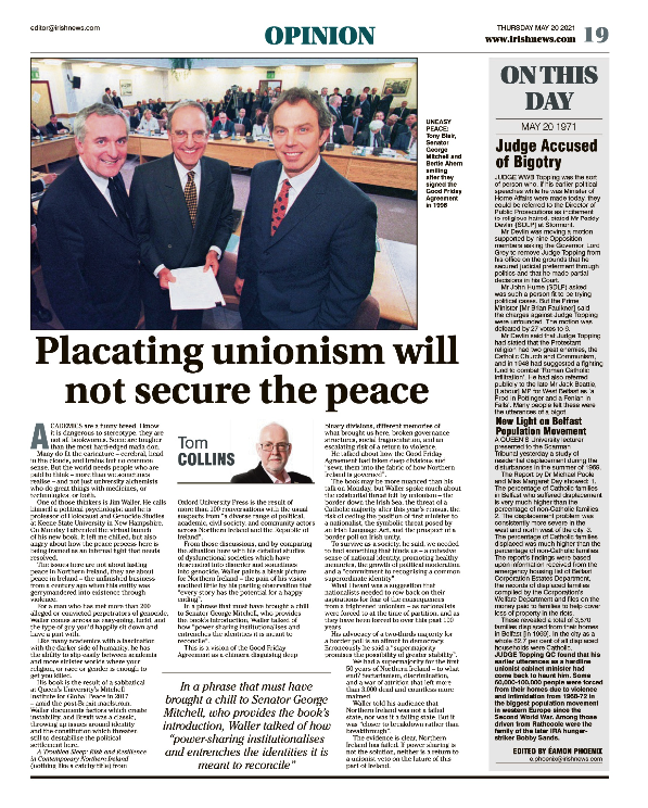 Thumbnail of PDF of Irish News page containing the Eamon Phoenix On This Day column dated 20th May 2021, detailing events reported on 20th May 1971