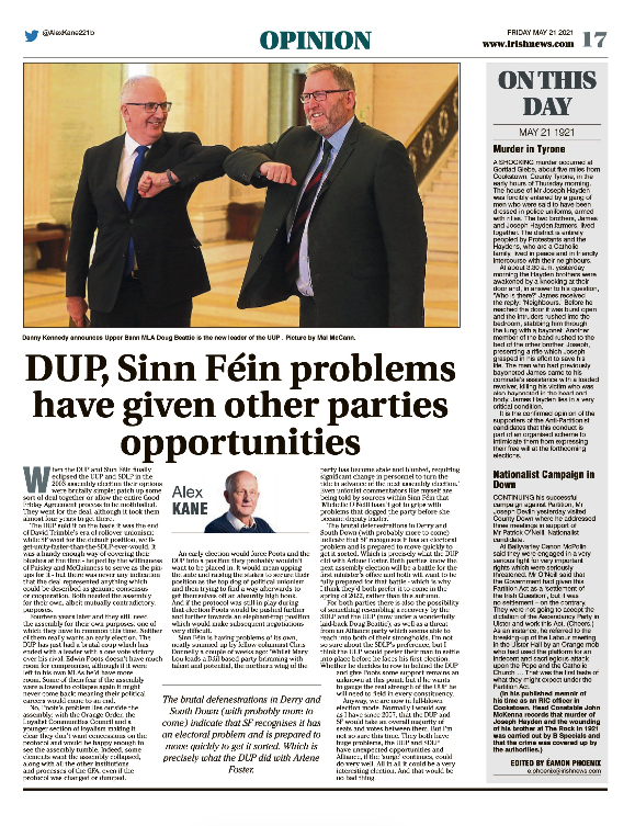 Thumbnail of PDF of Irish News page containing the Eamon Phoenix On This Day column dated 21st May 2021, detailing events reported on 21st May 1921