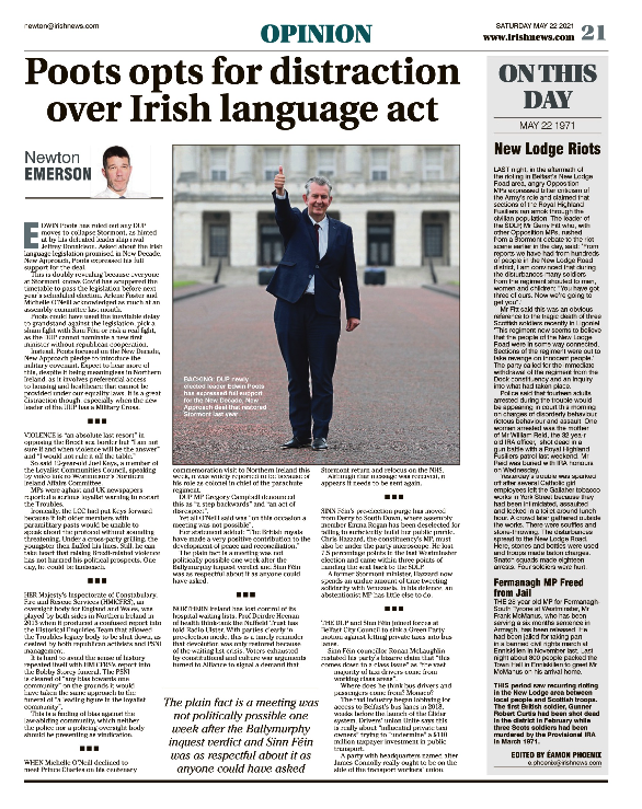 Thumbnail of PDF of Irish News page containing the Eamon Phoenix On This Day column dated 22nd May 2021, detailing events reported on 22nd May 1971
