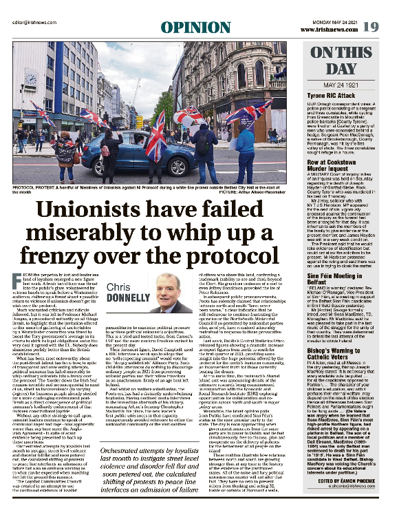 Thumbnail of PDF of Irish News page containing the Eamon Phoenix On This Day column dated 24th May 2021, detailing events reported on 24th May 1921