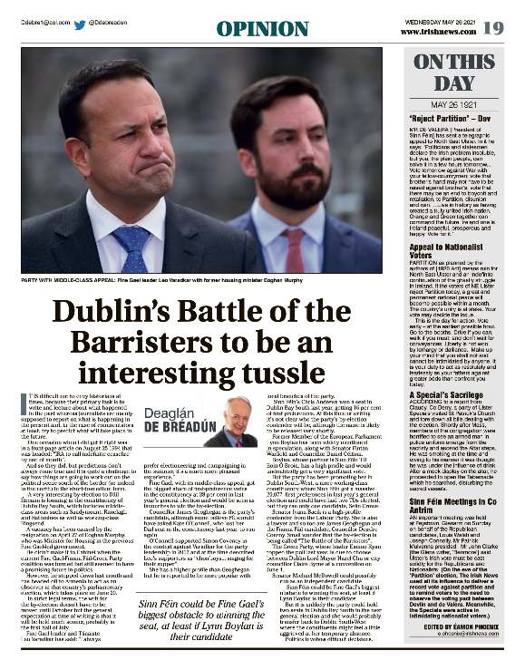 Thumbnail of PDF of Irish News page containing the Eamon Phoenix On This Day column dated 26th May 2021, detailing events reported on 26th May 1921