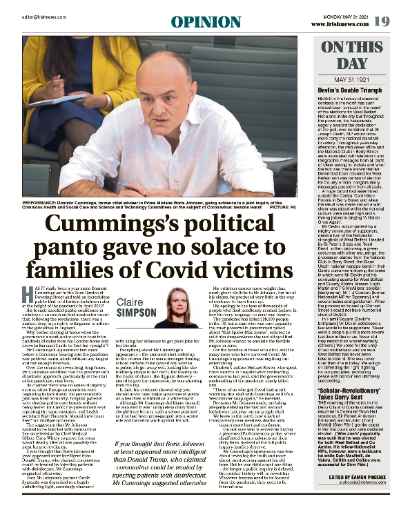 Thumbnail of PDF of Irish News page containing the Eamon Phoenix On This Day column dated 31st May 2021, detailing events reported on 31st May 1921