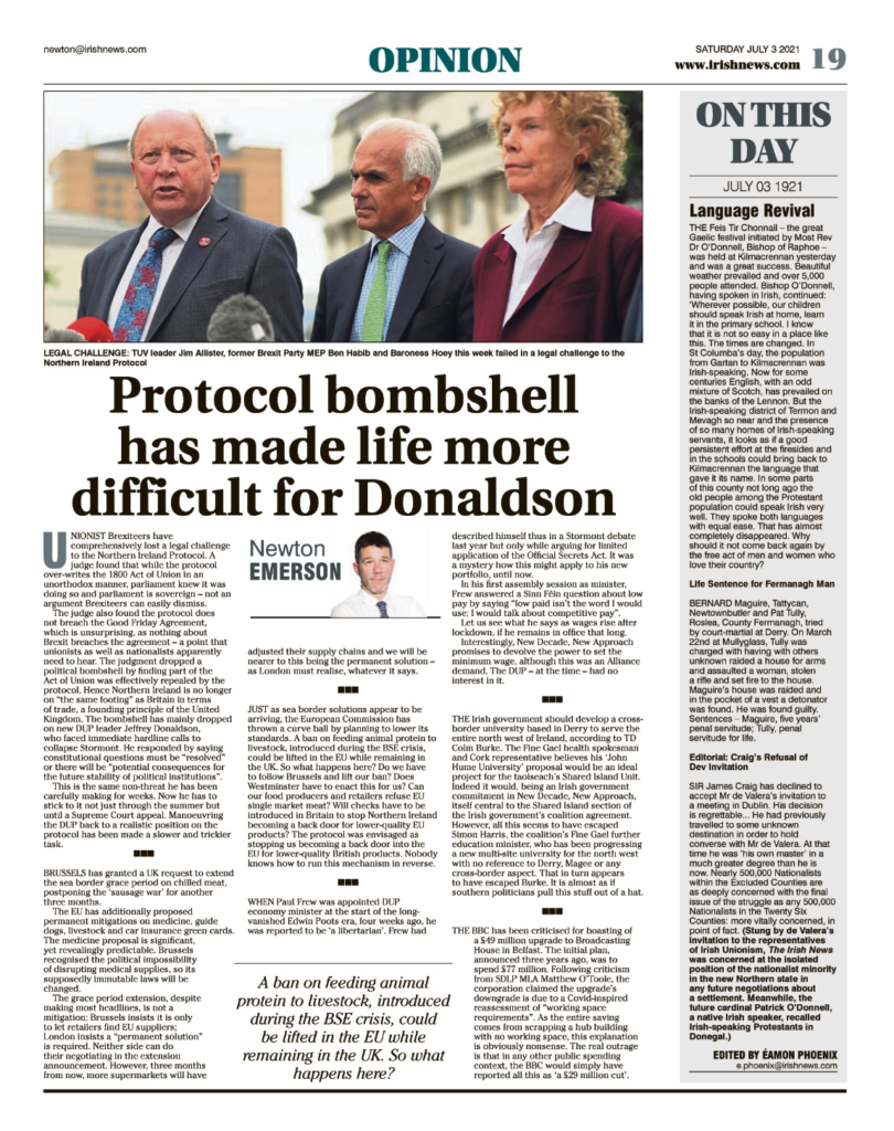 Image shows a thumbnail of a PDF of the Irish News page containing the Eamon Phoenix On This Day column dated 3rd July 2021, detailing events reported on 3rd July 1921