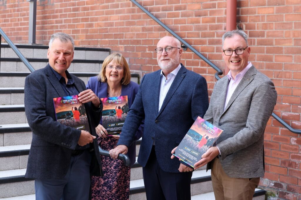 Image shows four people, including Alice Phoenix, at the launch of Feile an Phobail 2026 on Thursday 25th June in Belfast