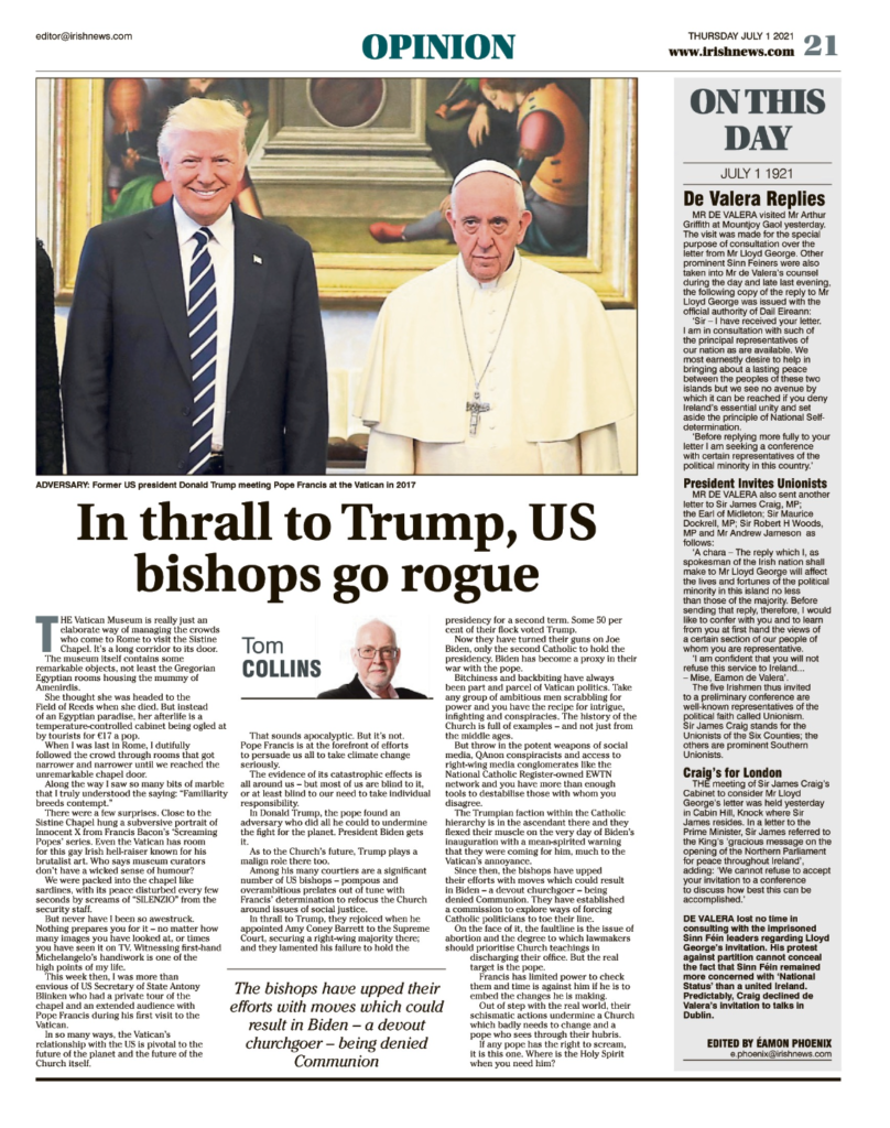 Image shows a thumbnail of a PDF of the Irish News page containing the Eamon Phoenix On This Day column dated 1st July 2021, detailing events reported on 1stJuly 1921