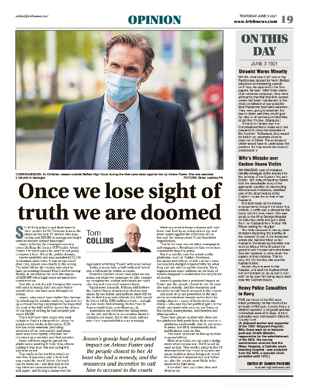Thumbnail of PDF of Irish News page containing the Eamon Phoenix On This Day column dated 3rd June 2021, detailing events reported on 3rd June 1921