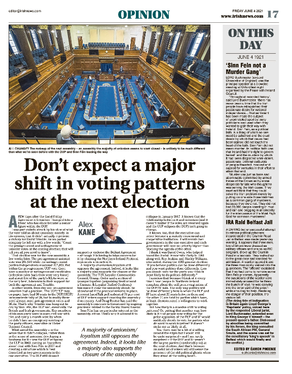 Thumbnail of PDF of Irish News page containing the Eamon Phoenix On This Day column dated 4th June 2021, detailing events reported on 4th June 1921