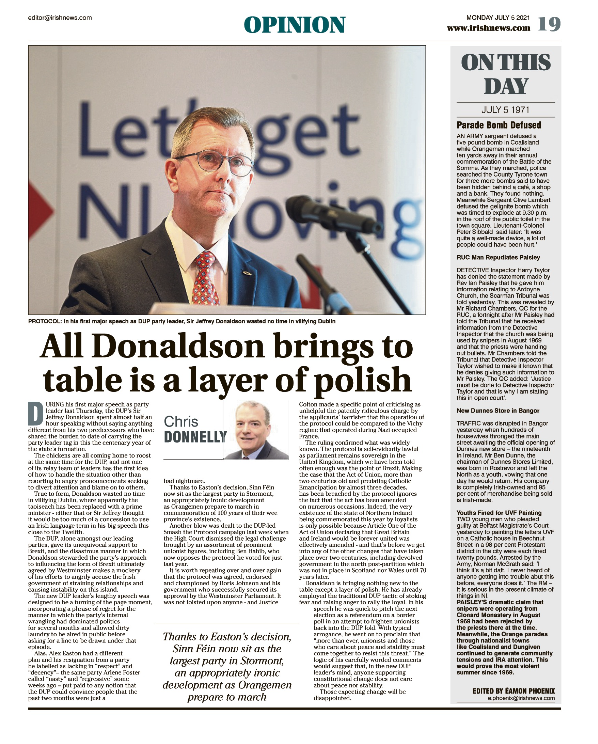 Image shows a thumbnail of a PDF of the Irish News page containing the Eamon Phoenix On This Day column dated 5th June 2021, detailing events reported on 5th July 1971