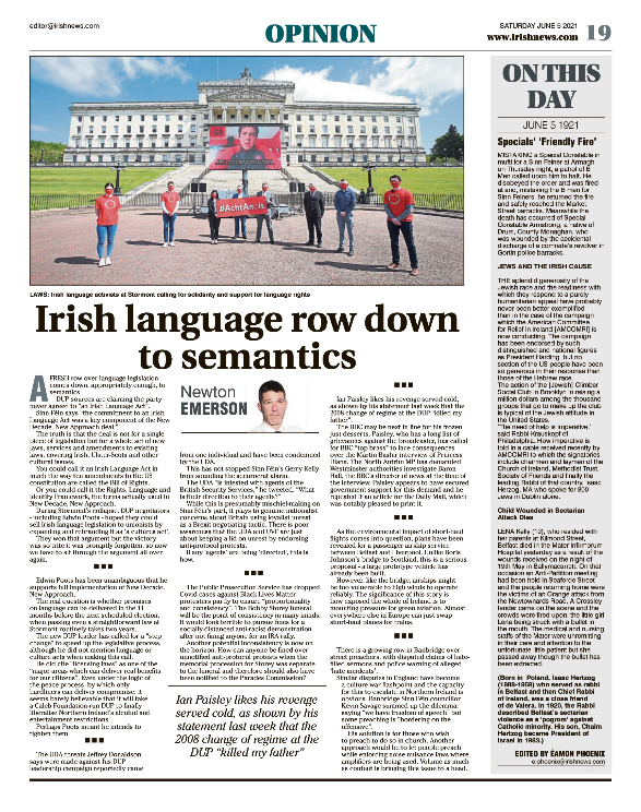 Thumbnail of PDF of Irish News page containing the Eamon Phoenix On This Day column dated 5th June 2021, detailing events reported on 5th June 1921