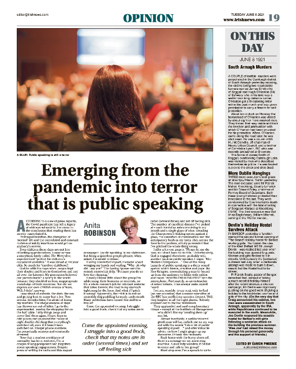 Image shows a thumbnail of a PDF of the Irish News page containing the Eamon Phoenix On This Day column dated 4th June 2021, detailing events reported on 8th June 1921
