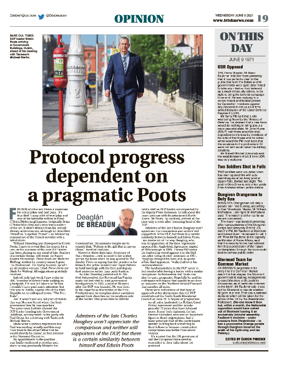 Image shows a thumbnail of a PDF of the Irish News page containing the Eamon Phoenix On This Day column dated 9th June 2021, detailing events reported on 9th June 1971