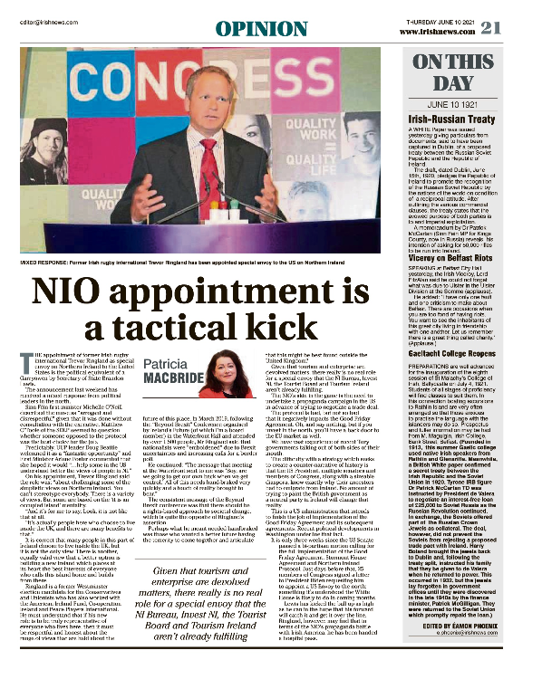 Image shows a thumbnail of a PDF of the Irish News page containing the Eamon Phoenix On This Day column dated 10th June 2021, detailing events reported on 10th June 1921