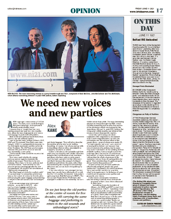 Image shows a thumbnail of a PDF of the Irish News page containing the Eamon Phoenix On This Day column dated 11th June 2021, detailing events reported on 11th June 1921