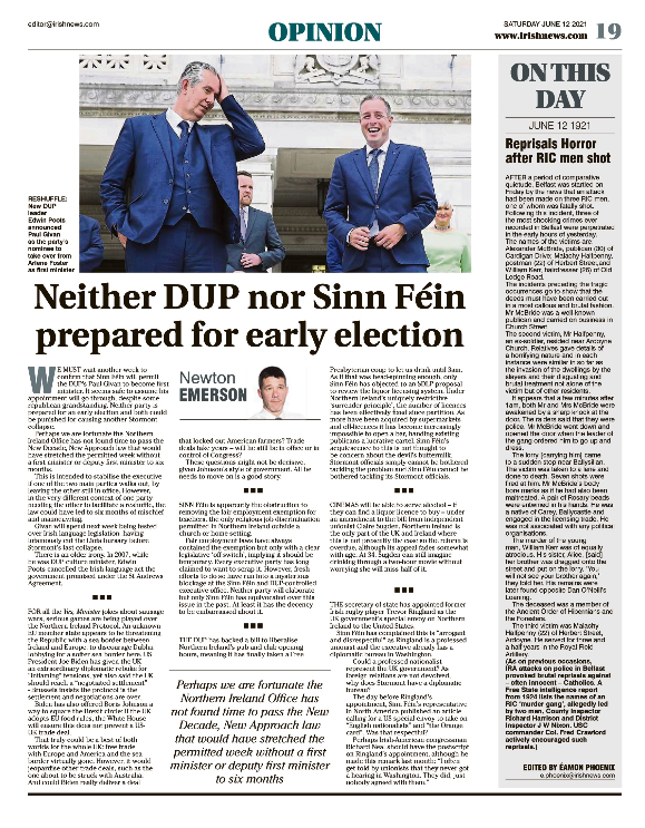 Image shows a thumbnail of a PDF of the Irish News page containing the Eamon Phoenix On This Day column dated 12th June 2021, detailing events reported on 12th June 1921