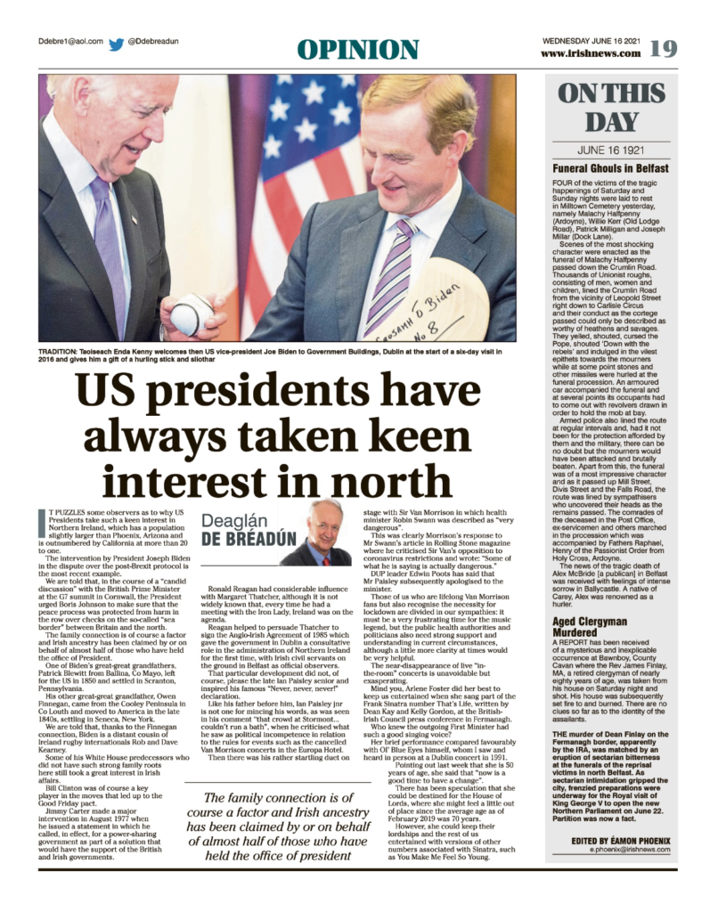 Image shows a thumbnail of a PDF of the Irish News page containing the Eamon Phoenix On This Day column dated 16th June 2021, detailing events reported on 16th June 1921