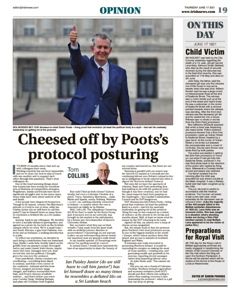 Image shows a thumbnail of a PDF of the Irish News page containing the Eamon Phoenix On This Day column dated 17th June 2021, detailing events reported on 17th June 1921