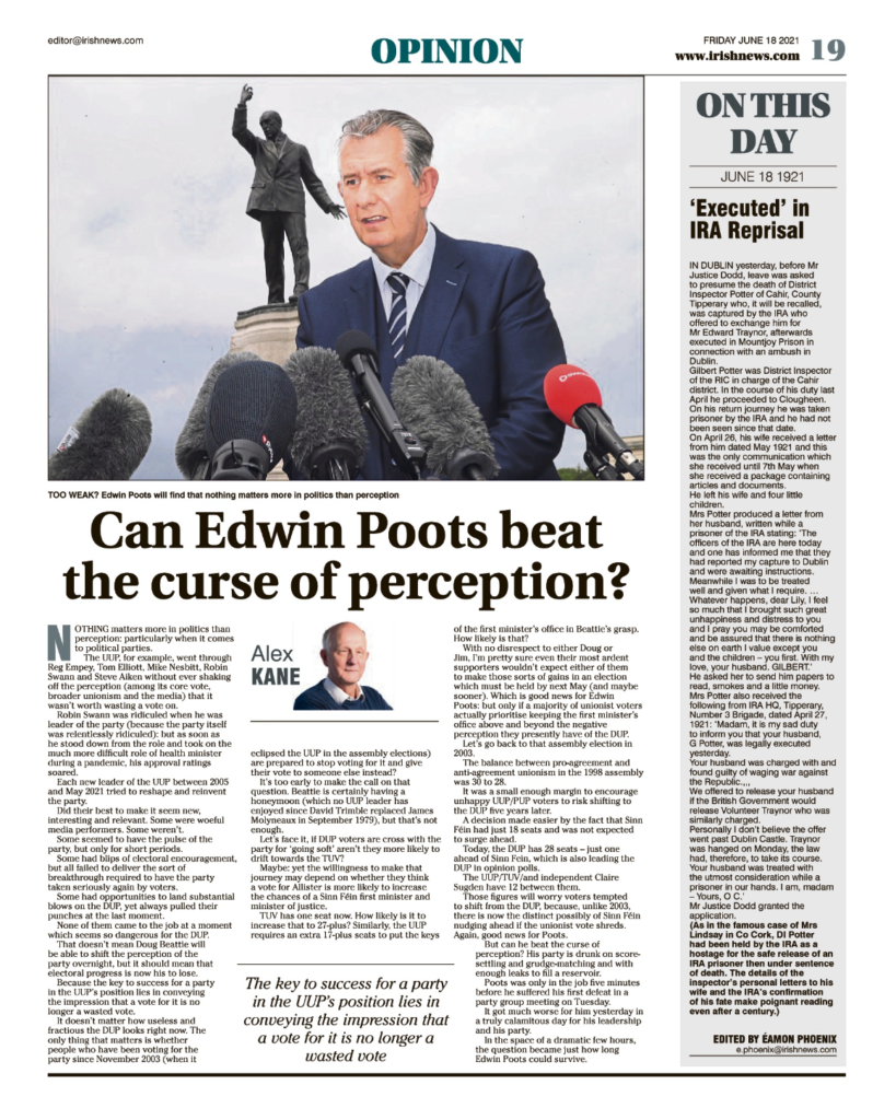 Image shows a thumbnail of a PDF of the Irish News page containing the Eamon Phoenix On This Day column dated 18th June 2021, detailing events reported on 18th June 1921